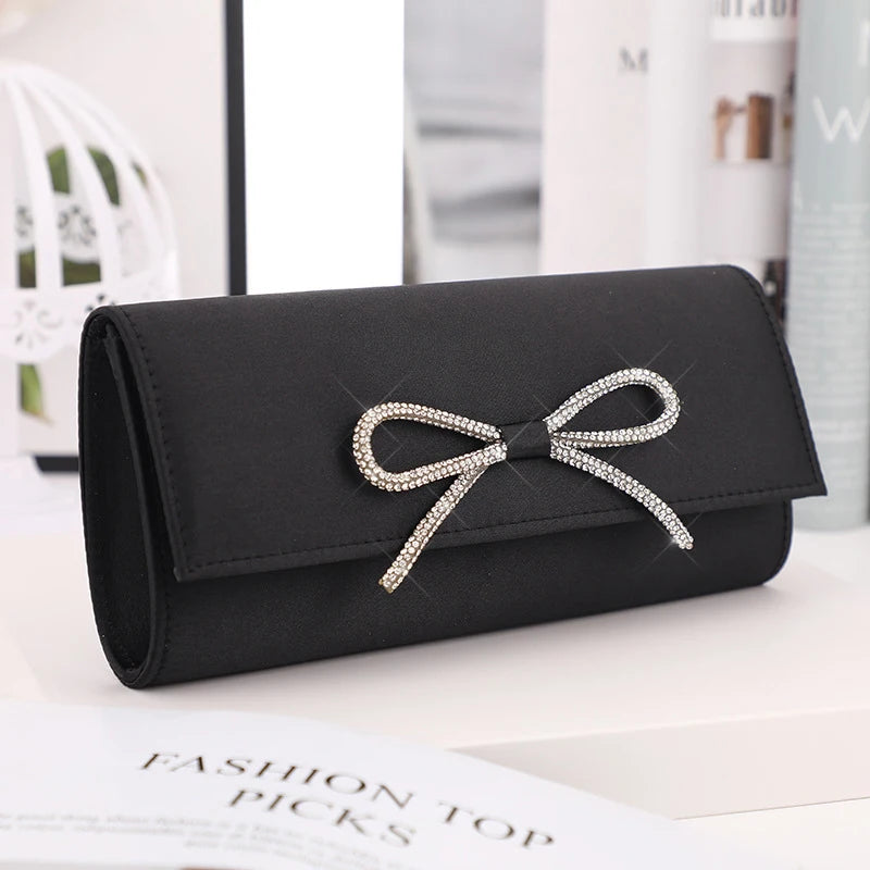 Rhinestone Shoulder Bag Chain Flap Bag Solid Satin Crossbody Handbag Lady