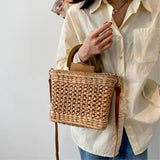 Straw Bags Tote Bag Drawstring Closure Wooden Handle Beach Shoulder Bag