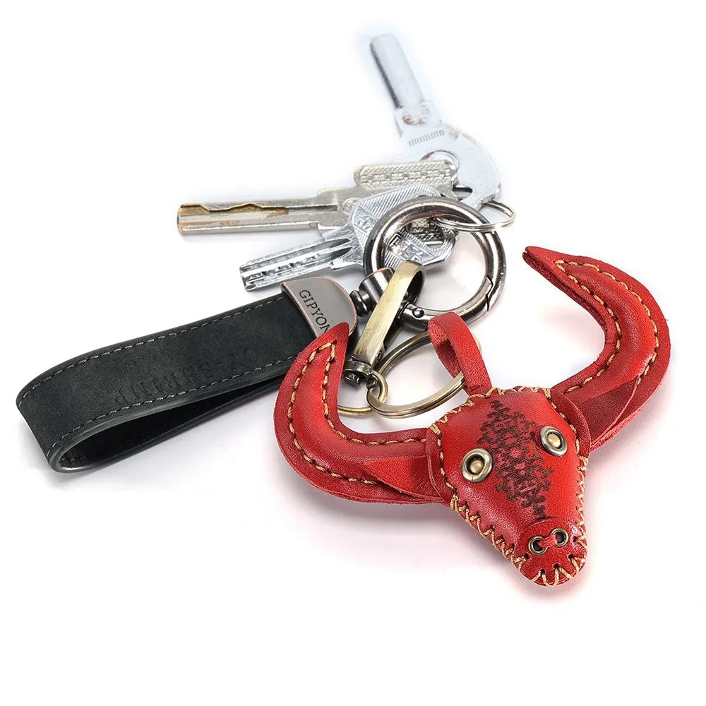 Bull Head Keychain Pendant Leather Key Holder Women Men Keyring