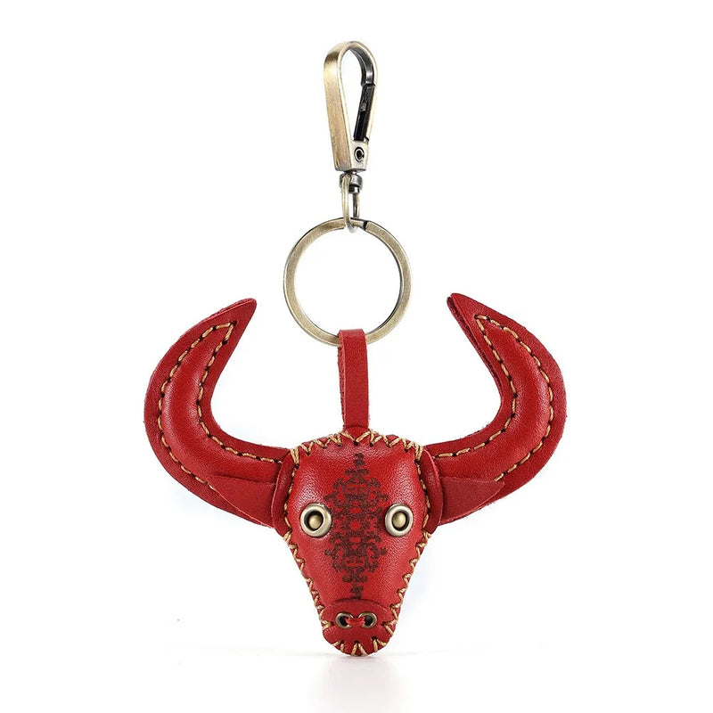 Bull Head Keychain Pendant Leather Key Holder Women Men Keyring