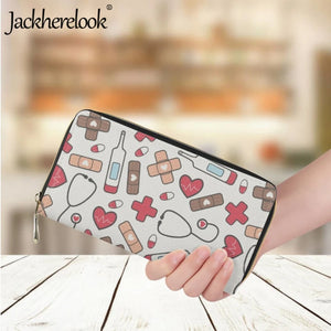 Jackherelook Nurse Wallet Medical Doodle Pattern Purse for Women Long Money Bag