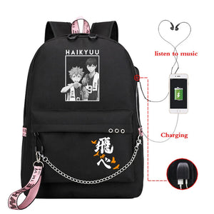 Haikyuu Anime Prints School Bag USB Charging Girls Backpack