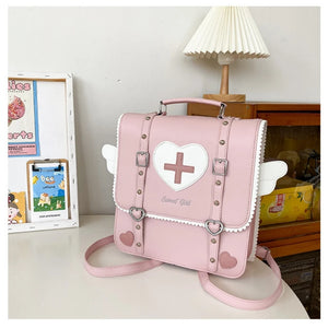Japanese College Rivet Pu Leather Angel Wing Pink Heart Sling Backpack