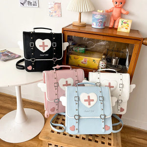 Japanese College Rivet Pu Leather Angel Wing Pink Heart Sling Backpack