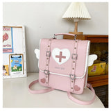 Japanese College Rivet Pu Leather Angel Wing Pink Heart Sling Backpack