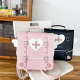 Japanese College Rivet Pu Leather Angel Wing Pink Heart Sling Backpack