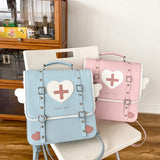 Japanese College Rivet Pu Leather Angel Wing Pink Heart Sling Backpack