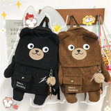 Japanese Corduroy Bear Backpack for Women with Multi-Pockets