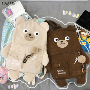 Japanese Corduroy Bear Backpack for Women with Multi-Pockets