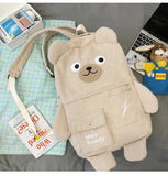 Japanese Corduroy Bear Backpack for Women with Multi-Pockets