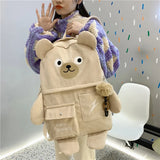 Japanese Corduroy Bear Backpack for Women with Multi-Pockets
