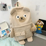Japanese Corduroy Bear Backpack for Women with Multi-Pockets