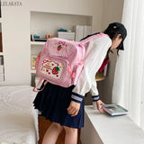 Japanese Girl Backpack Pink Strawberry Lace Shoulder Bag Waterproof Schoolbag