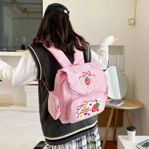 Japanese Girl Backpack Pink Strawberry Lace Shoulder Bag Waterproof Schoolbag