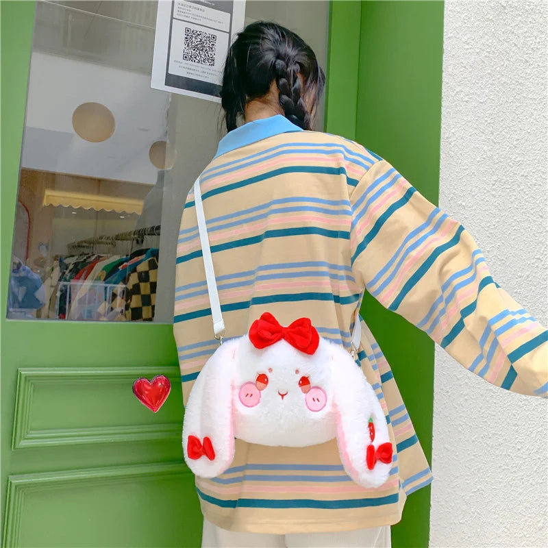 Japanese Strawberry Embroidered Rabbit Girl Out Shoulder Plush Crossbody Bag