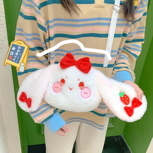 Japanese Strawberry Embroidered Rabbit Girl Out Shoulder Plush Crossbody Bag