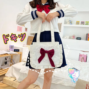 Japanese Girl Shoulder Bag Bow Canvas Handbag Large Capacity Shopping Bag