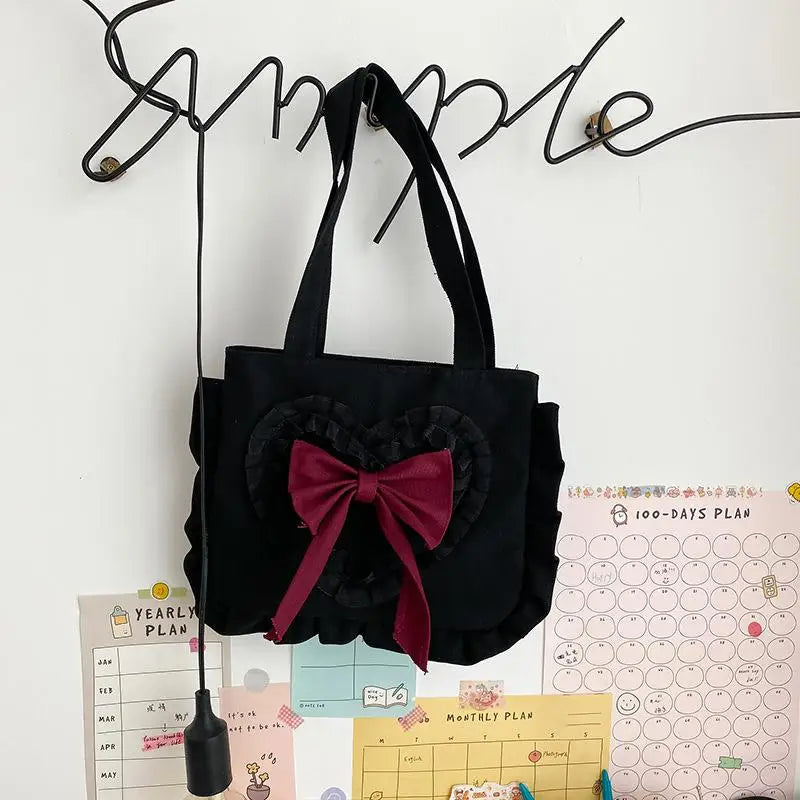 Japanese Girl Shoulder Bag Bow Canvas Handbag Large Capacity Shopping Bag