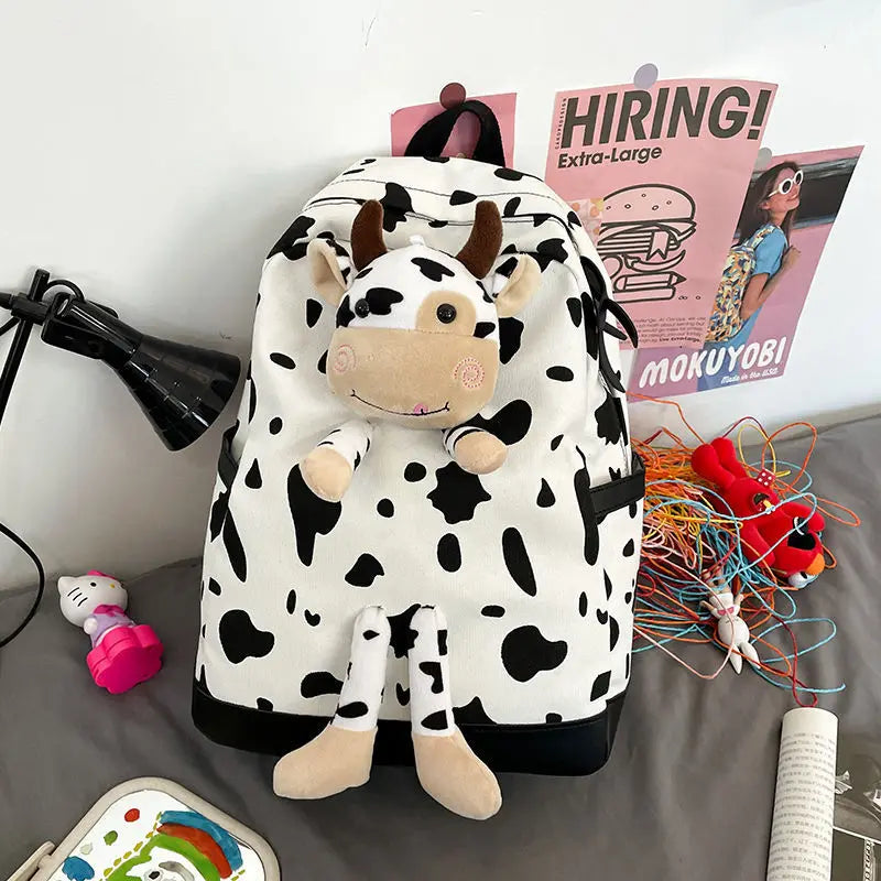 Japanese Harajuku Women Backpack Preppy Cartoon Cow Pattern Student Schoolbag
