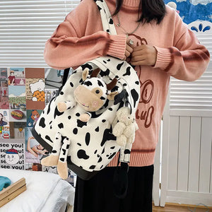 Japanese Harajuku Women Backpack Preppy Cartoon Cow Pattern Student Schoolbag