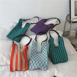 Japanese Knitted Plaid Stripe Shoulder Bag Strap Single Woven Casual Totes Handb