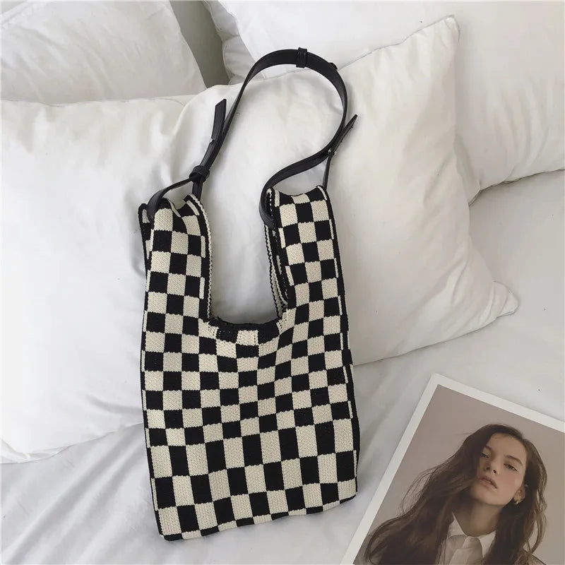 Japanese Knitted Plaid Stripe Shoulder Bag Strap Single Woven Casual Totes Handb