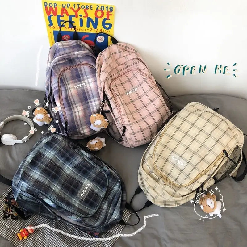 Japanese Lattice Vintage Girl Large-capacity Backpack