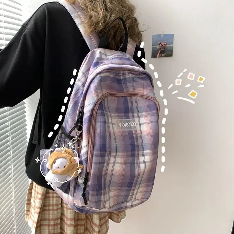 Japanese Lattice Vintage Girl Large-capacity Backpack