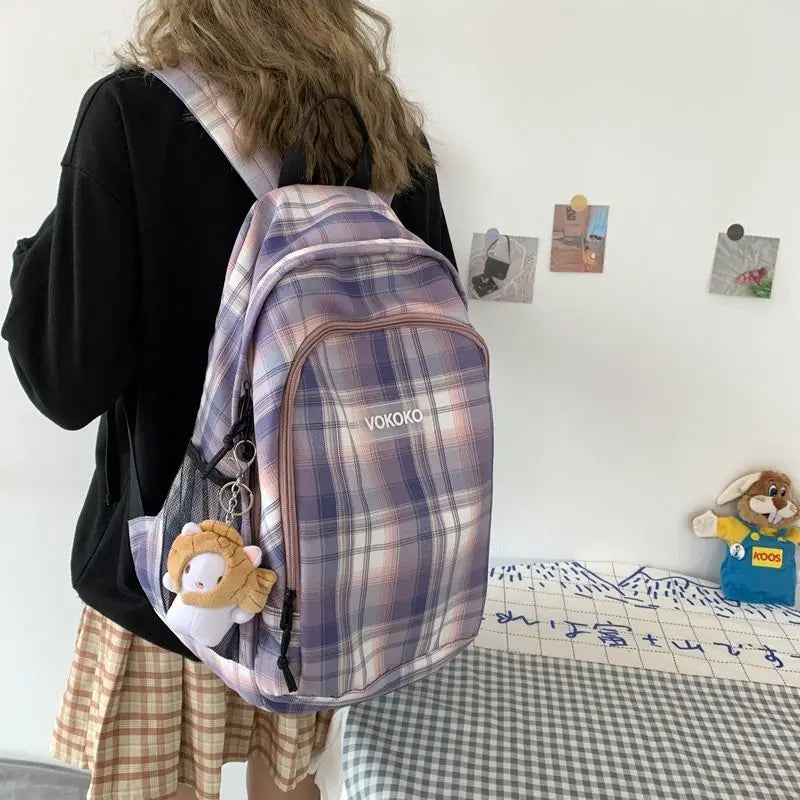 Japanese Lattice Vintage Girl Large-capacity Backpack