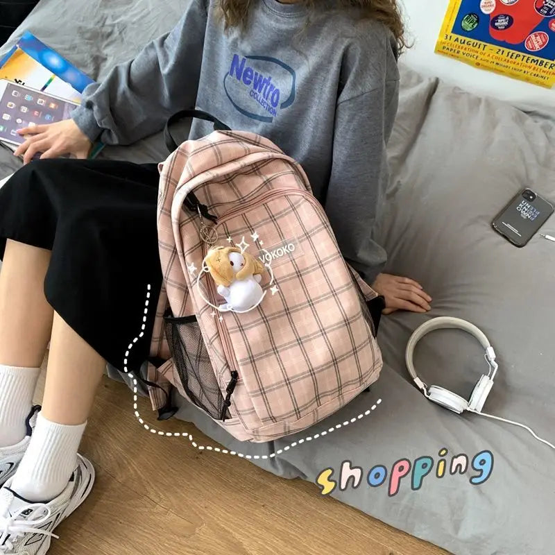 Japanese Lattice Vintage Girl Large-capacity Backpack