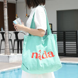 Japanese Letter Printed Shoulder Bag Washed Canvas Casual Art Handbag