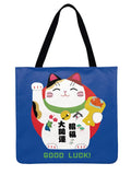 Japanese Lucky Cat Printed Tote Bag Linen Fabric Casual Tote