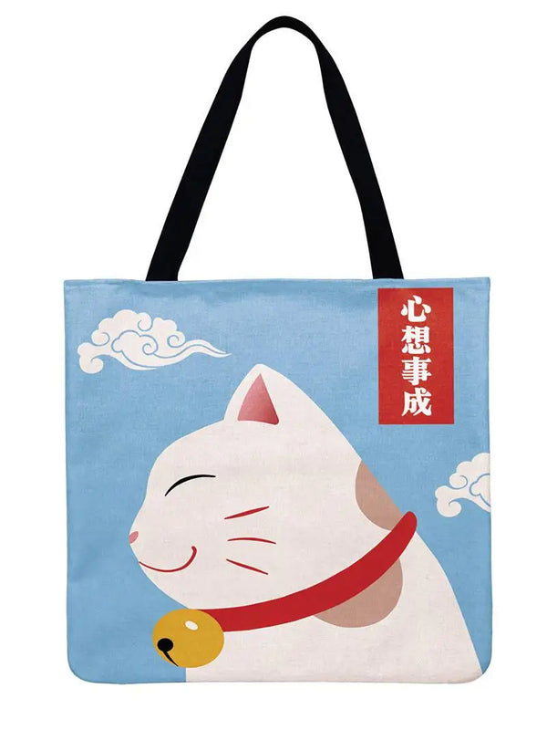 Japanese Lucky Cat Printed Tote Bag Linen Fabric Casual Tote
