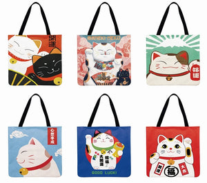 Japanese Lucky Cat Printed Tote Bag Linen Fabric Casual Tote