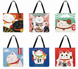 Japanese Lucky Cat Printed Tote Bag Linen Fabric Casual Tote