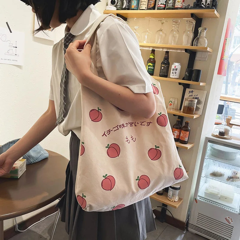 Japanese Peach Print Tote Bag Canvas Handbag