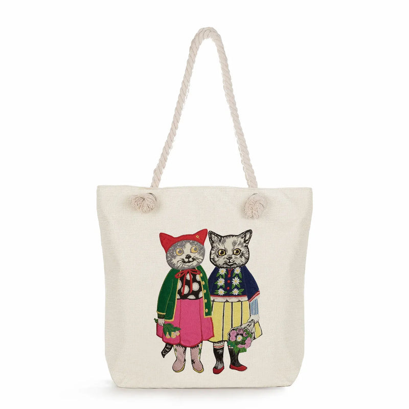 Japanese Style Cat Girl Print Handbag Women Thick Rope Bag