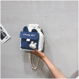 Japanese Women's Canvas Crossbody Bag Drawstring Student Small Bucket Bag