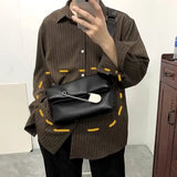 Japanese Y2k Dark Pu Leather Bag Oversized Pin Lady Bags Messenger Bag Shoulder