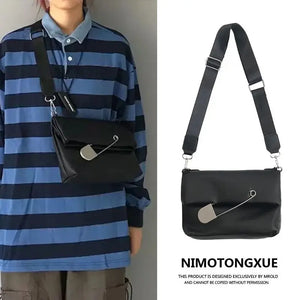 Japanese Y2k Dark Pu Leather Bag Oversized Pin Lady Bags Messenger Bag Shoulder