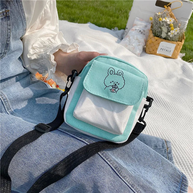 Japanese Girls Shoulder Bag Colorblock Canvas Sweet Mini Messenger Bag
