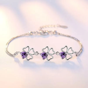925 Silver Bracelet Purple Wedding Clover CZ 17CM+4CM