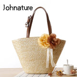Boho Flowers Women Straw Bag Large Capacity Beach Tote