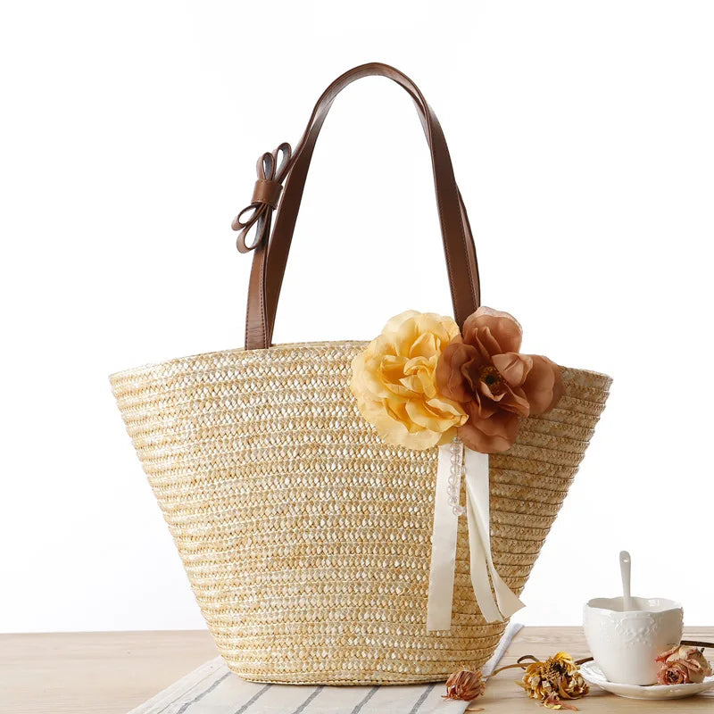 Boho Flowers Women Straw Bag Large Capacity Beach Tote