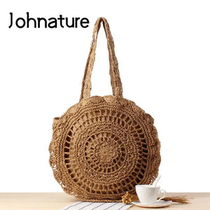 Bohemian Hollow Out Round Straw Bag Crochet Women Beach Shoulder Bag
