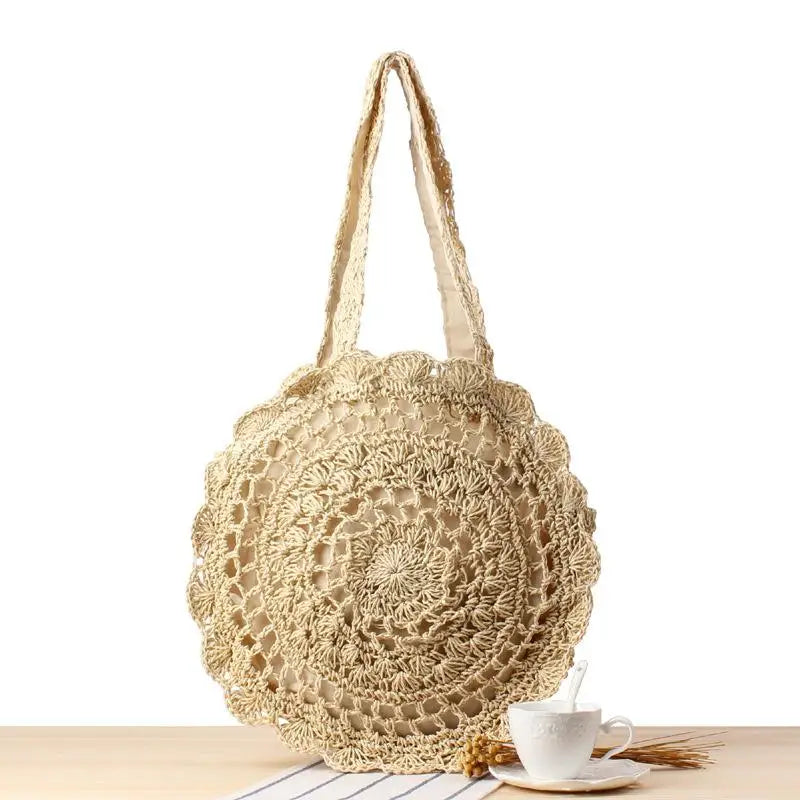 Bohemian Hollow Out Round Straw Bag Crochet Women Beach Shoulder Bag