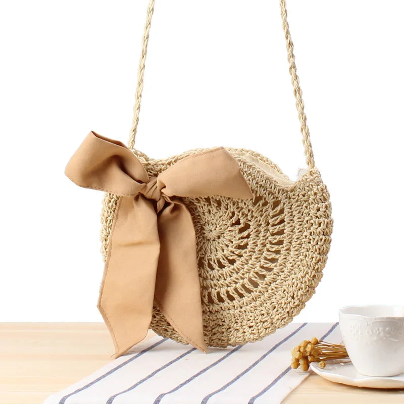 Bohemian Straw Bag with Bowknot - Shoulder Bag for Women