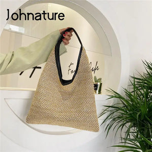 Versatile Woven Straw Beach Bag Large Capacity Solid Shoulder Bags