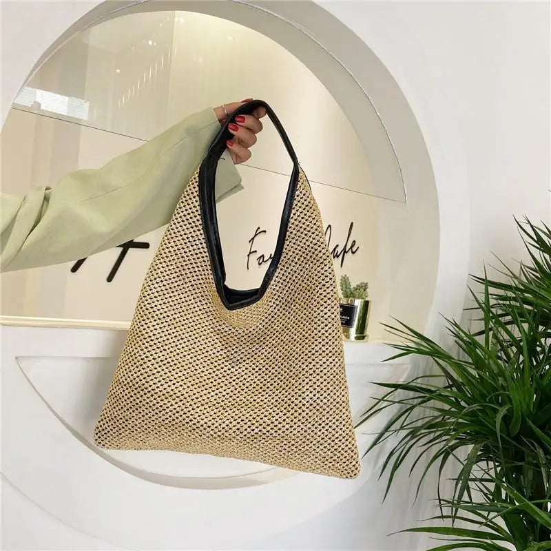 Versatile Woven Straw Beach Bag Large Capacity Solid Shoulder Bags