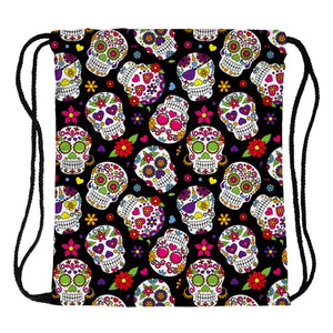 Skull Print Drawstring Bag Sports Waterproof Backpack Bundle Pocket